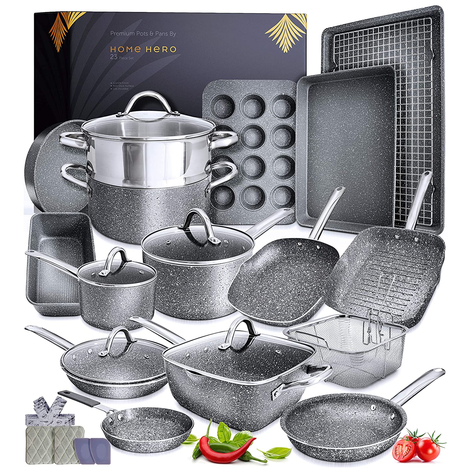 15 Piece Nonstick Induction Cooking Kitchen Cookware Sets Granite